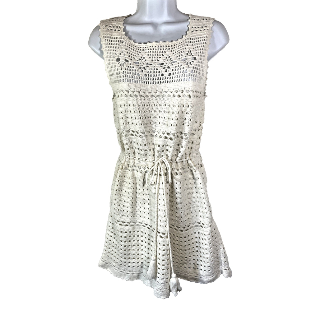 Joie Nawra White Cotton Crochet Tie Waist Pullover Sleeveless Mini Dress Sz S